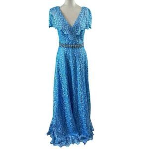 Mac Duggal Blue Sequined Lace Maxi Dress